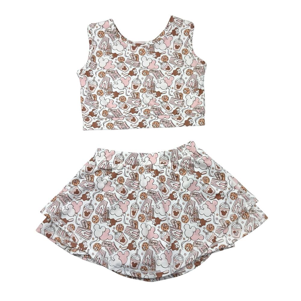 Kids Pink & Brown Printed Crop Top and Twirl Skirt Set